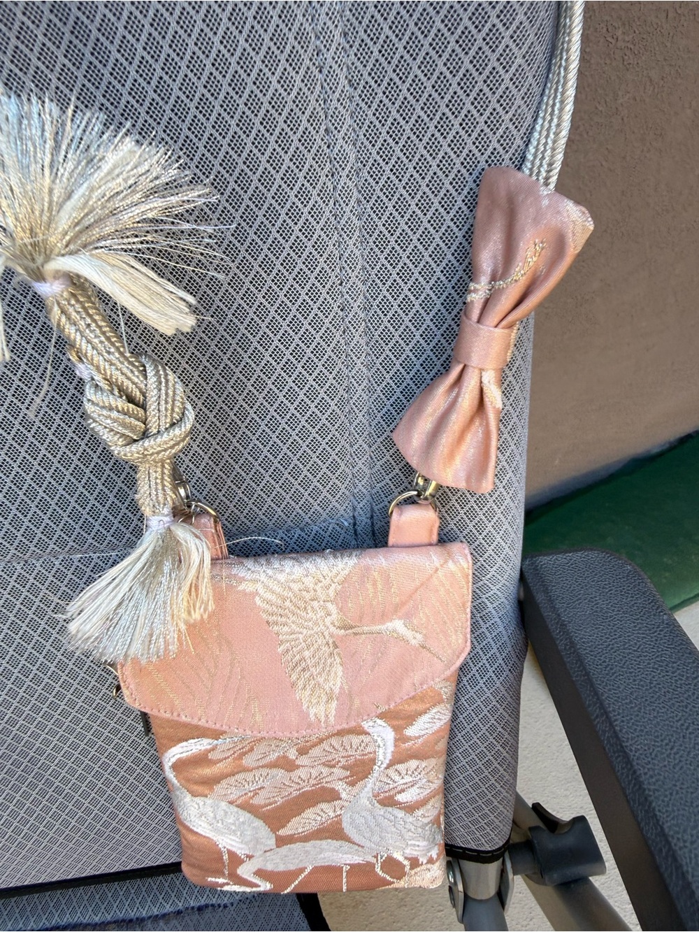 Japanese Chic Silk Brocade Crane Crossbody Phone Bag - Blush Pink Tassel